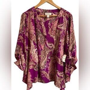 Simply Emma Blouse 1X purple paisley print 3/4 sleeves with tie cuffs